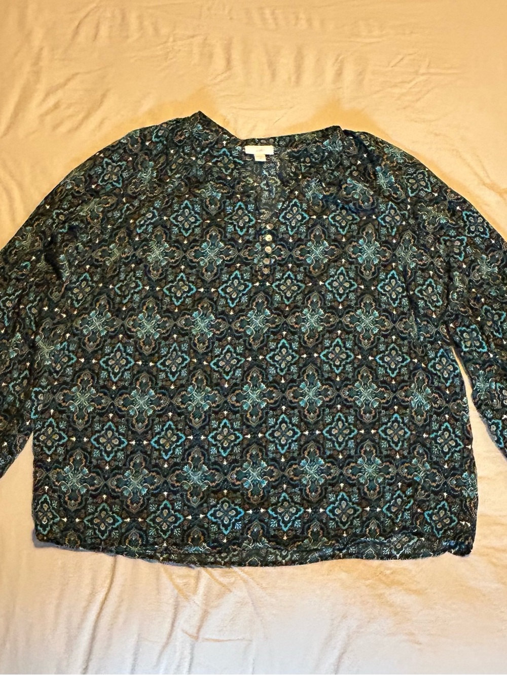 J. Jill Women’s Long Sleeve Blouse Medium Tall Bohemian Peasant Geometric Artsy